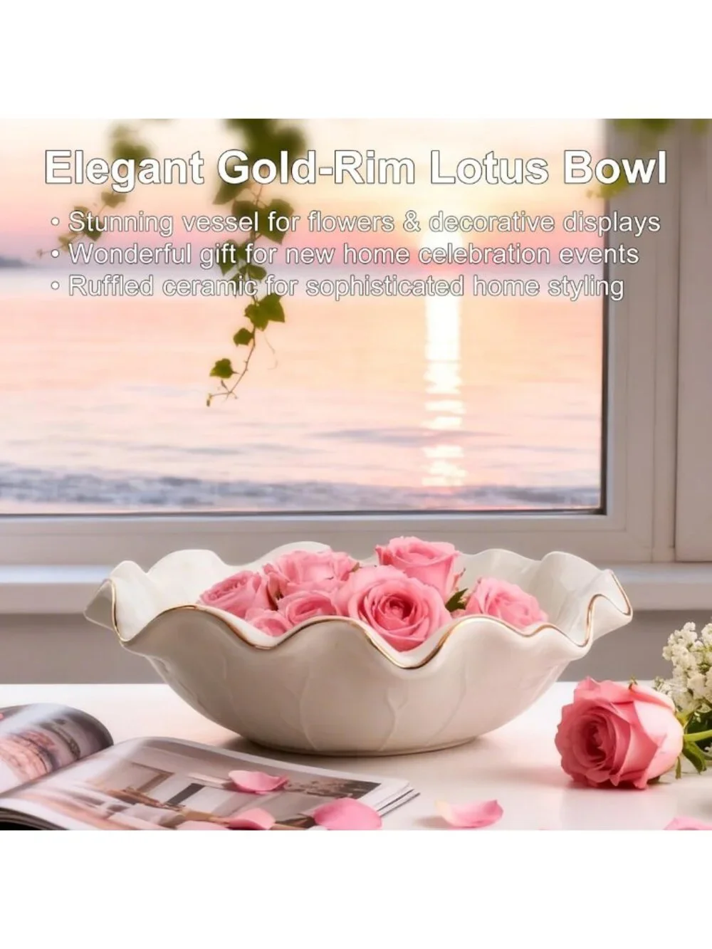 10-Inch Large Decorative Lotus Ruffle Bowl with Elegant Gold Rim Accent